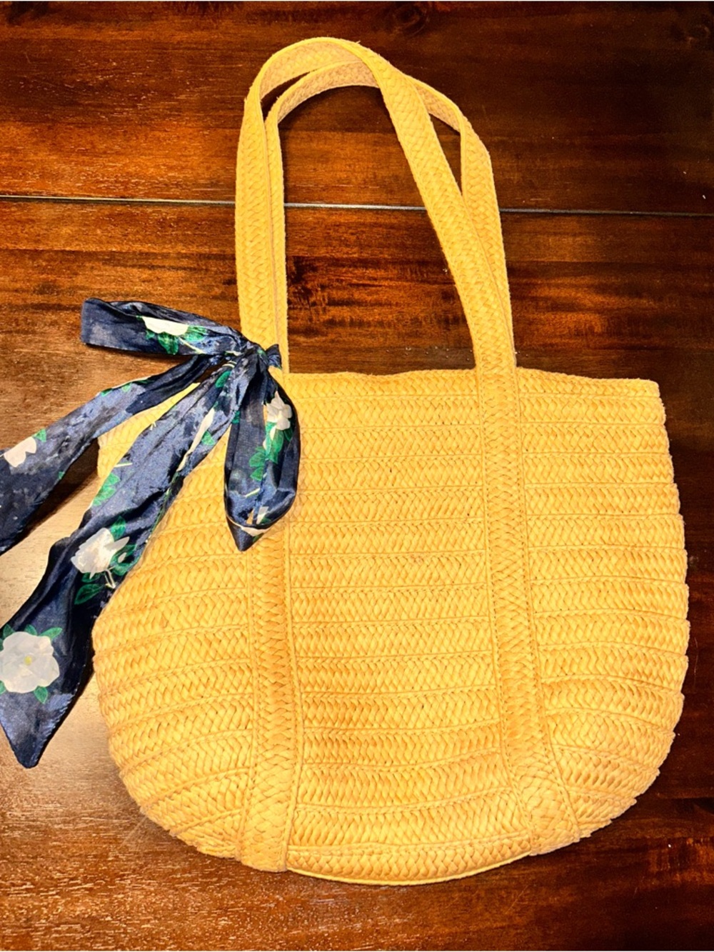 Straw Woven Tote Bag with Scarf Accent